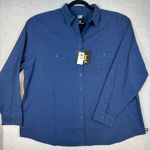 CAT Caterpillar Mens 2XL Blue Long Sleeve Button Down Work Shirt Stretch NWT